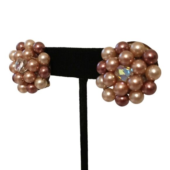 Faux Pearl Cluster Earrings Beaded AB Crystals Clip On Japan MCM Purple Pinks - Picture 7 of 16
